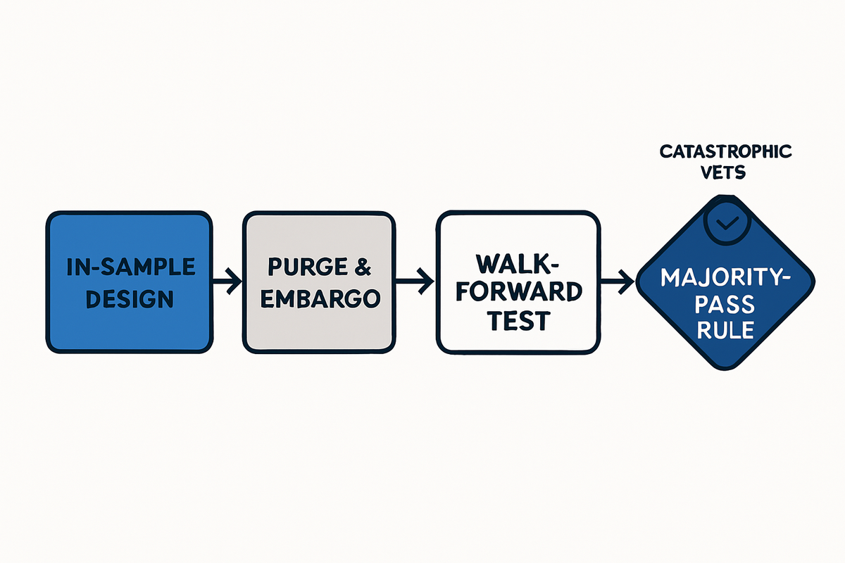 Pipeline diagram of IS→WFA with purge/embargo gaps, majority‑pass rules and catastrophic vetoes to prevent backtest overfitting.