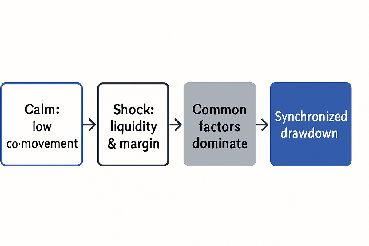 In crisis, liquidity and balance‑sheet shocks amplify common factors, turning weak links into synchronized losses that undermine portfolio diversification.