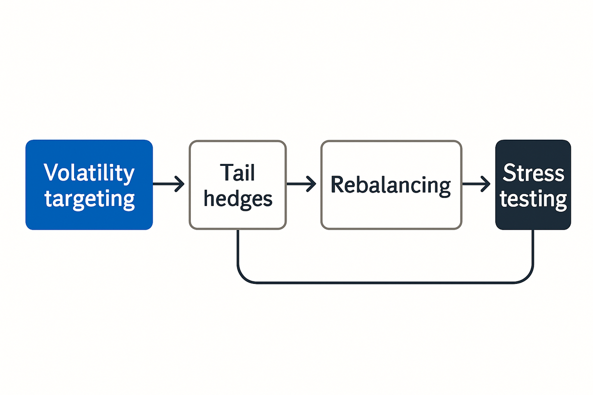 Diagram showing how volatility targeting, tail hedges, rebalancing, and stress testing combine in a hybrid risk system.