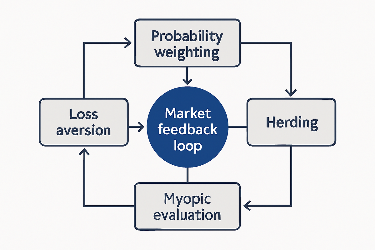Four core biases interact and create a feedback loop that amplifies panic and degrades long-term decisions.
