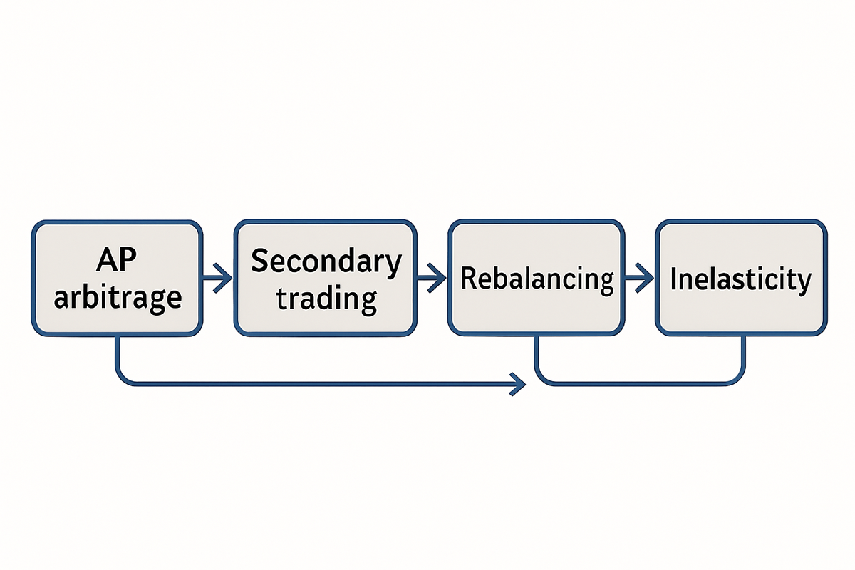 Four channels connect passive flows to prices: arbitrage, secondary trading, rebalancing and inelasticity, showing how flow shocks transmit.