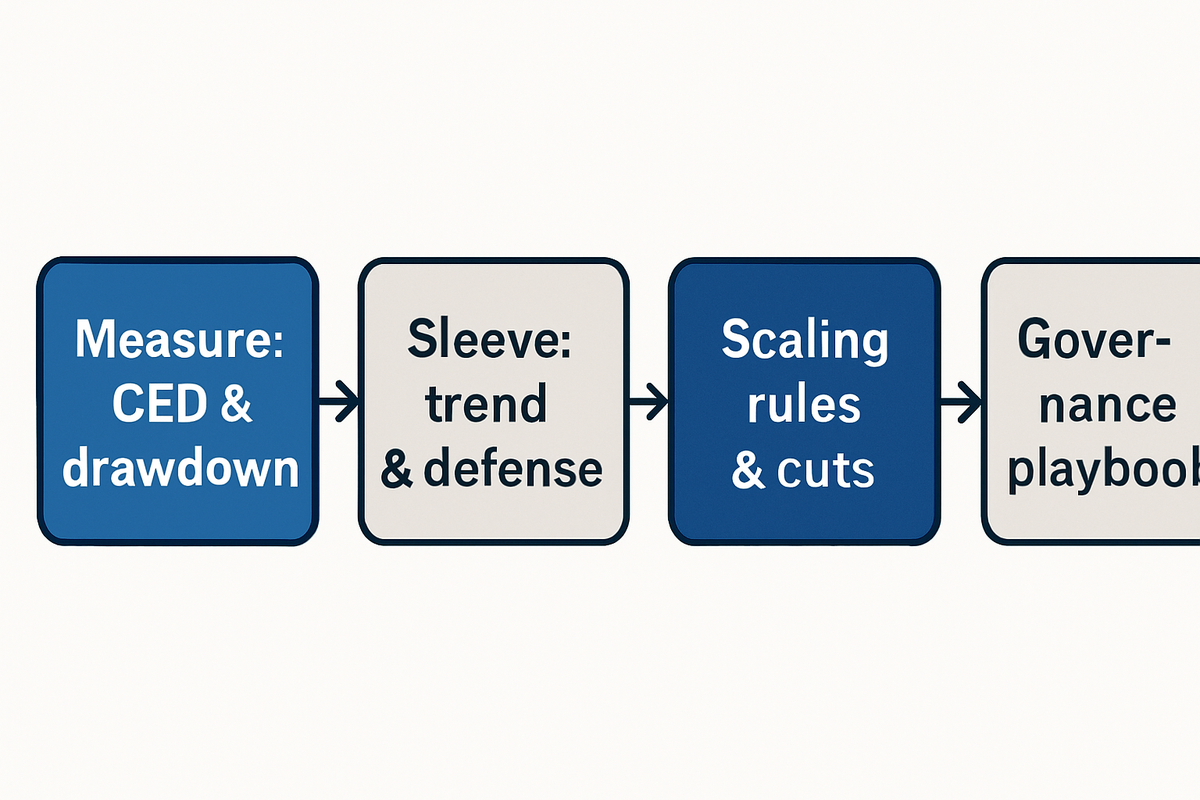 Visualizes how clear measurement (CED), a trend/defensive sleeve, scaling rules and governance combine to manage drawdowns.