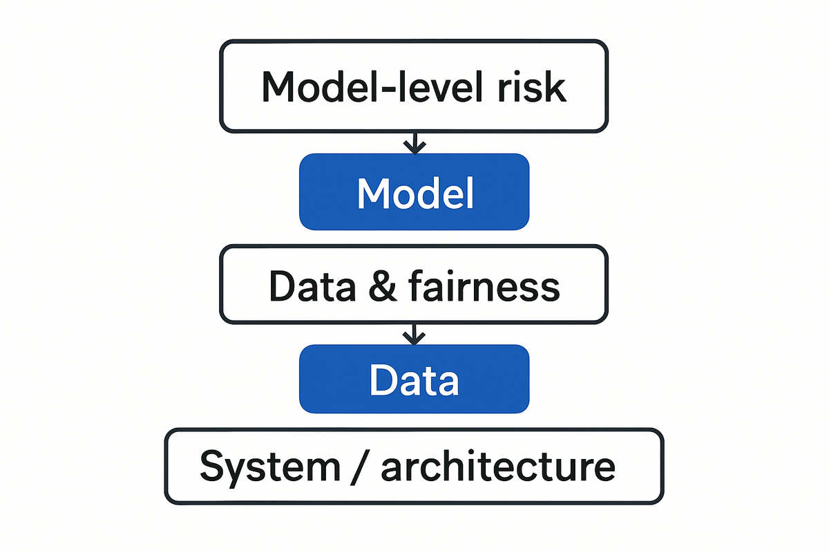 Three-layer taxonomy mapping where AI risk originates (model, data, system) and which controls best address each layer.