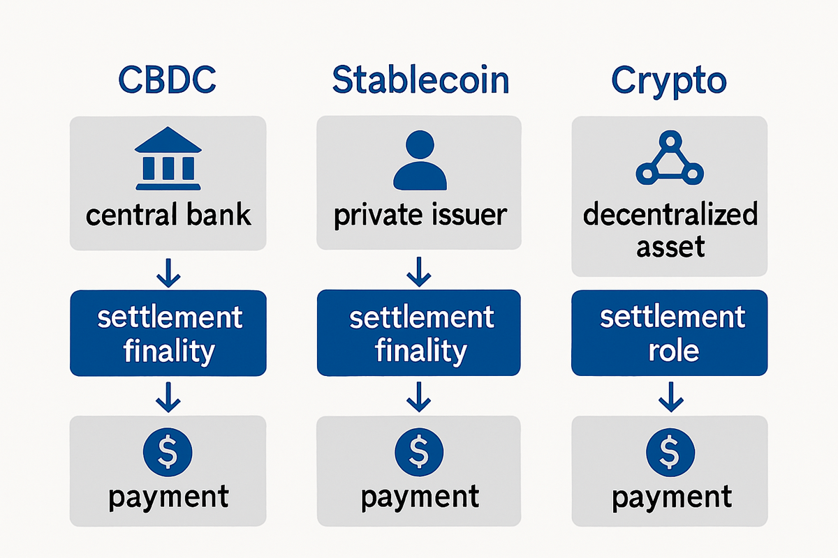 CBDCs offer central-bank settlement finality; stablecoins are private liabilities; crypto is volatile and ill-suited for routine payments.