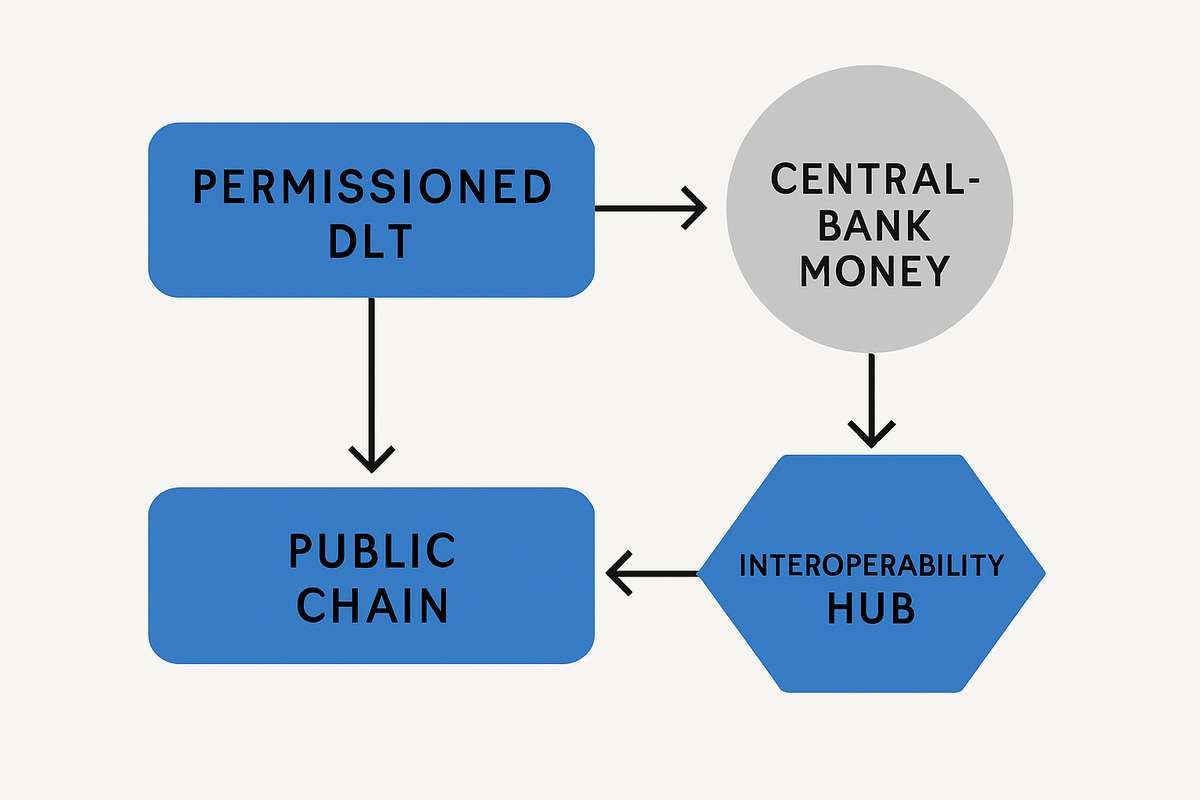 Shows how permissioned DLT, public chains, central‑bank money and interoperability trade off when integrating ledger tech into TradFi.