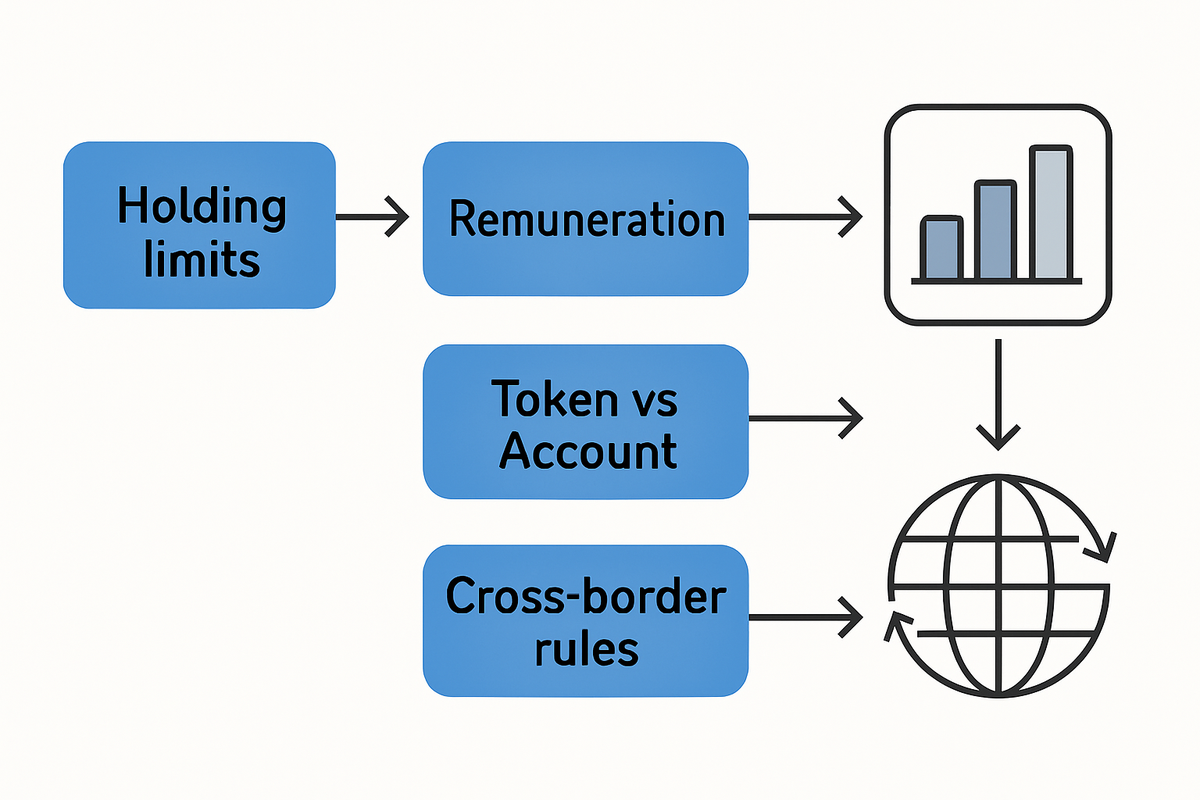 Diagram linking four CBDC design levers to investor channels: deposit migration, liquidity shifts, yield effects, and cross‑border flows.
