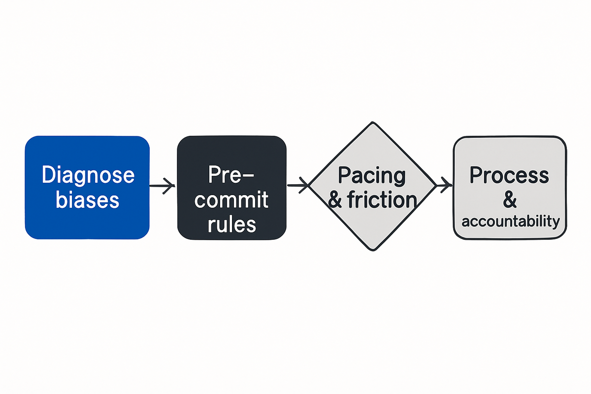 Layered decision framework: diagnose biases, pre-commit rules, add pacing, and enforce governance to prevent reactive, costly selling during corrections.