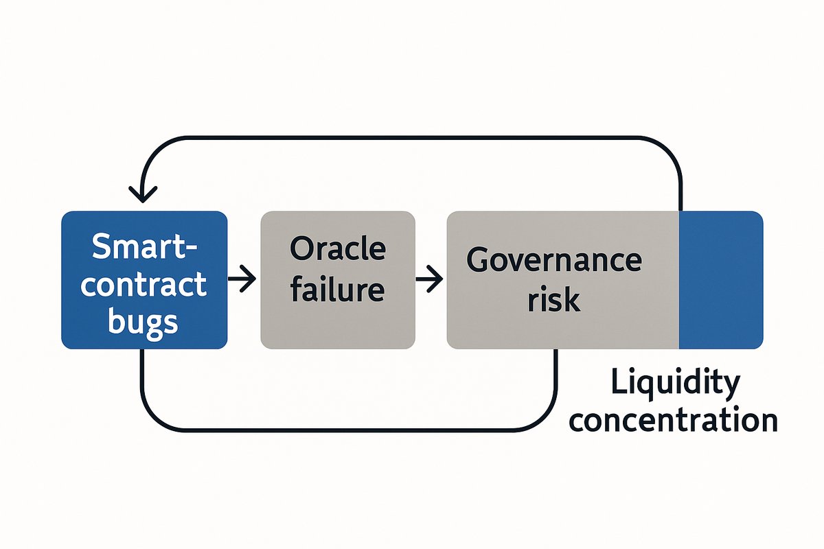 Visual summary of how smart-contract bugs, oracle failures, governance risk, and liquidity concentration combine to create systemic DeFi risk.