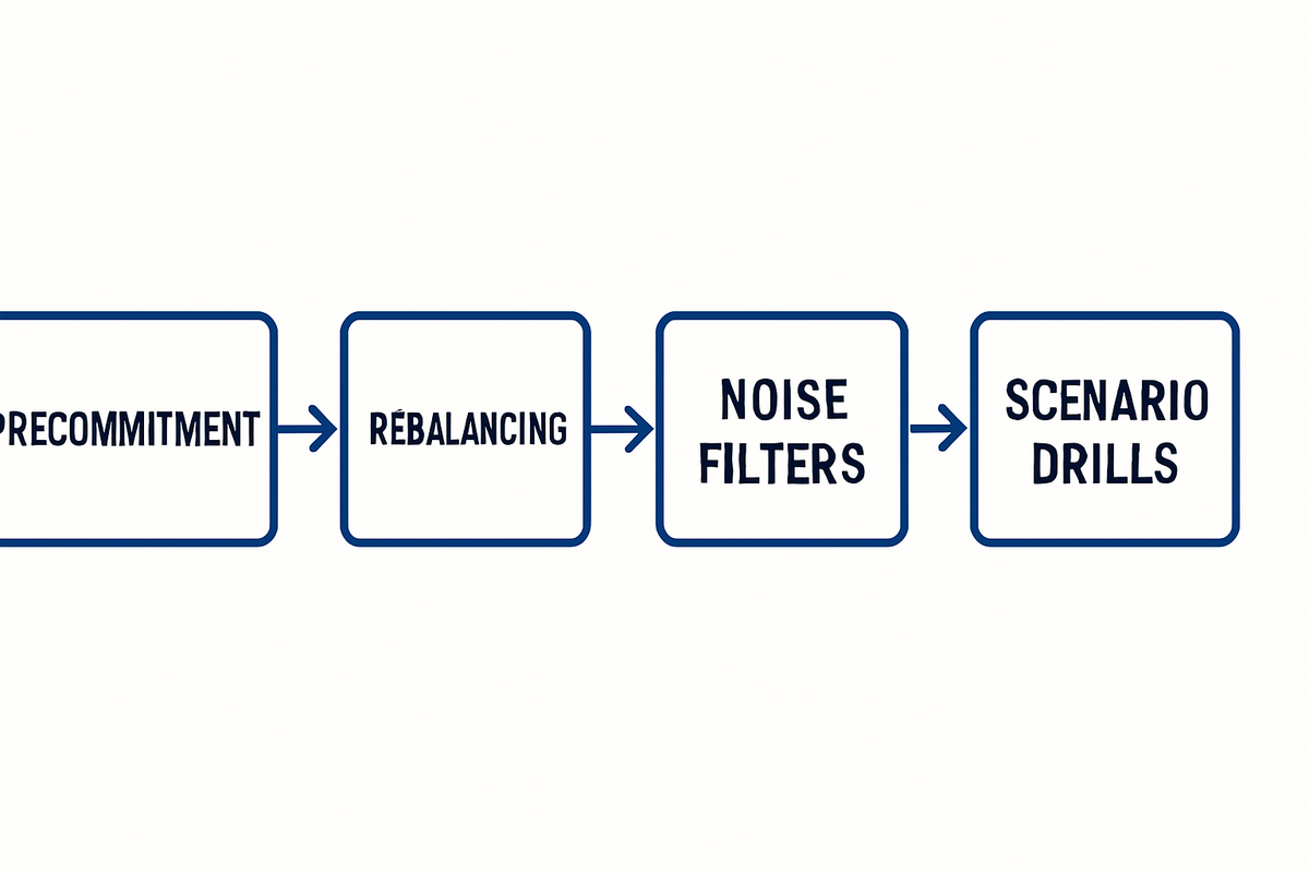 A simple decision architecture: precommitment, rebalancing, noise filters, and scenario drills keep actions aligned during volatile periods.
