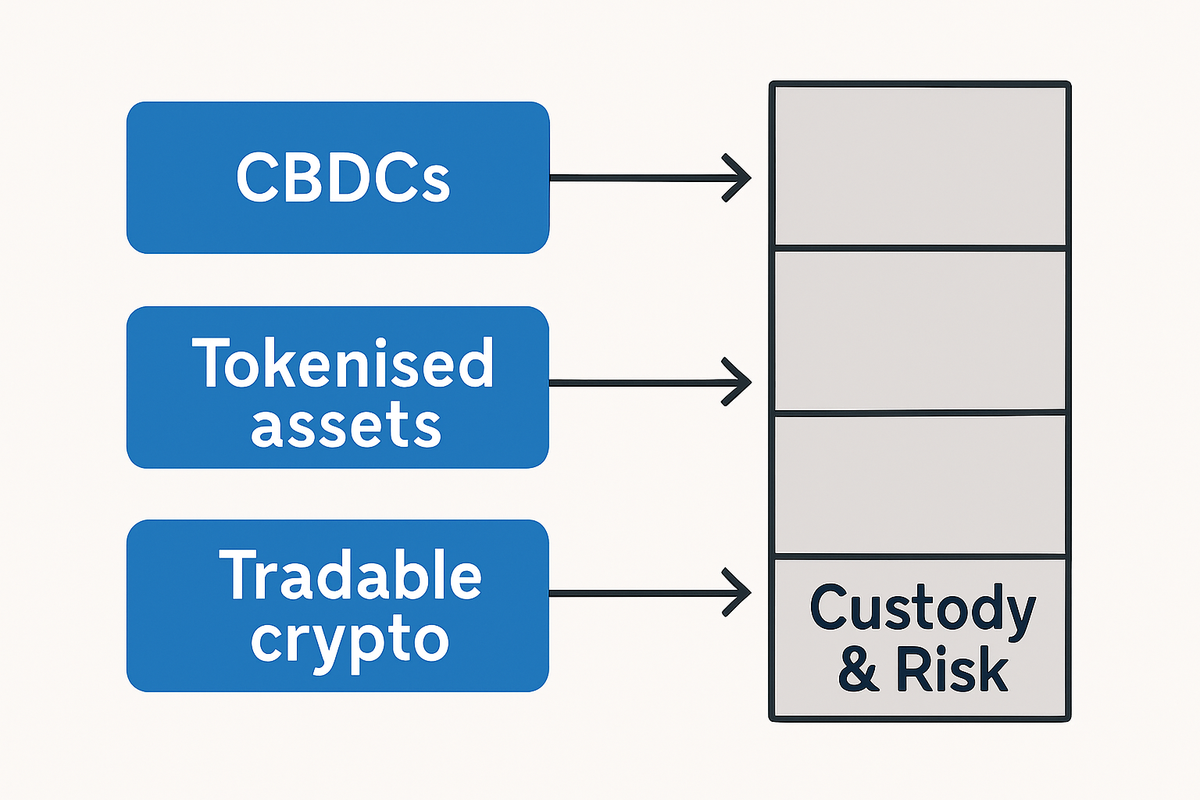 How CBDCs, tokenised assets and tradable crypto map to custody, settlement and risk roles for institutional investors.